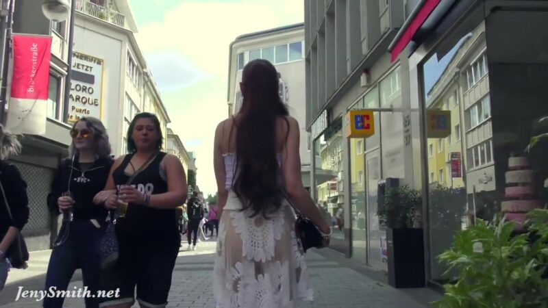 Jeny Smith walks in public in transparent dress without panties